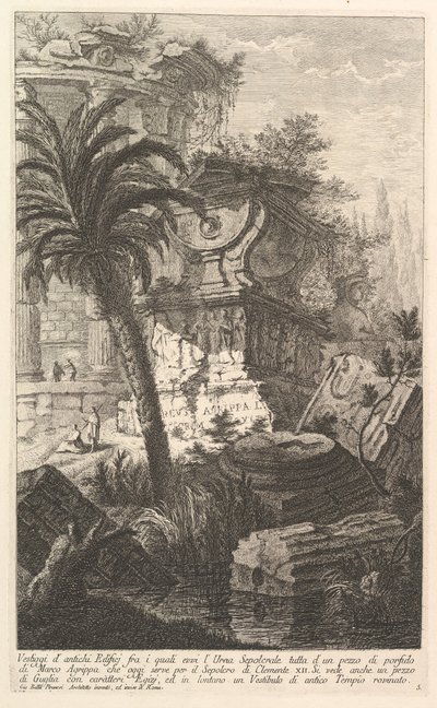 Pozostałości starożytnych budowli, wśród których stoi urna nagrobna Marka Agryppy ma..., ca. 1750. autorstwa Giovanni Battista Piranesi