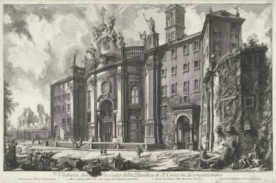 Santa Croce w Gerusalemme te Rome Widok na fasadę bazyliki S. Croce in Gerusalemme (tytuł na obiekcie) Gezichten op Rome (tytuł serii) Widoki Rzymu zaprojektowane i wyryte przez architekta Giambattistę Piranesiego Ve (nez) iano (tytuł serii) autorstwa Giovanni Battista Piranesi