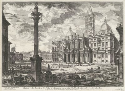 Santa Maria Maggiore w Rzymie Widok bazyliki Santa Maria Maggiore z dwiema bocznymi fabrykami wspomnianej bazyliki (tytuł na obiekcie) Gezichten op Rome (tytuł serii) Widoki Rzymu zaprojektowane i wyryte przez architekta Giambattistę Piranesiego Ve (nez) i autorstwa Giovanni Battista Piranesi
