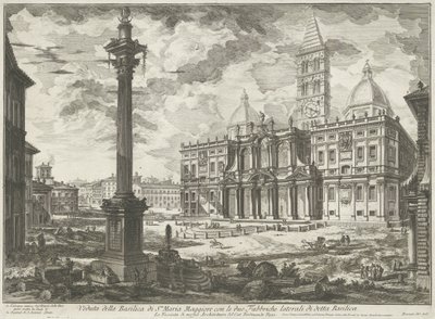 Santa Maria Maggiore w Rzymie Widok bazyliki Santa Maria Maggiore z dwiema bocznymi fabrykami wspomnianej bazyliki (tytuł na obiekcie) Gezichten op Rome (tytuł serii) Widoki Rzymu zaprojektowane i wyryte przez architekta Giambattistę Piranesiego Ve (nez) i autorstwa Giovanni Battista Piranesi