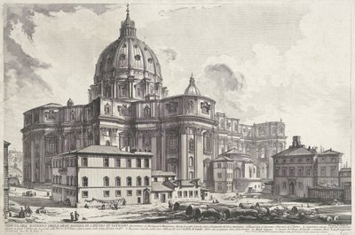 Sint-Pietersbasiliek vanaf Plac Zakrystii Widok z zewnątrz wielkiej Bazyliki św. Piotra w Watykanie (tytuł na obiekcie) Gezichten op Rome (tytuł serii) Widoki Rzymu zaprojektowane i wyryte przez architekta Giambattistę Piranesiego Ve (nez) iano (ser autorstwa Giovanni Battista Piranesi