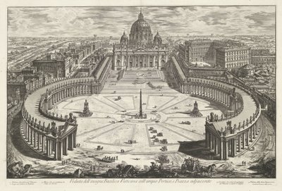 Sint-Pietersplein met de Sint-Pietersbasiliek te Vaticaanstad Widok na słynną Bazylikę Watykańską z dużym portykiem i przyległym Piazza (tytuł na obiekcie) Gezichten op Rome (tytuł serii) Widoki Rzymu zaprojektowane i wyryte przez Giambattista Piranesi arc autorstwa Giovanni Battista Piranesi