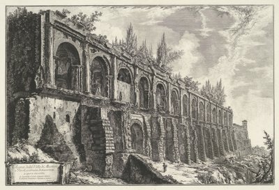 Tempel van Hercules Victor t i Tivoli Pozostałości Villa di Mecenate w Tivoli, zbudowane z trawertynów o niepewnej pracy (tytuł na obiekcie) Gezichten op Rome (tytuł serii) Widoki Rzymu zaprojektowane i wyryte przez architekta Giambattistę Piranesiego Ve ( autorstwa Giovanni Battista Piranesi