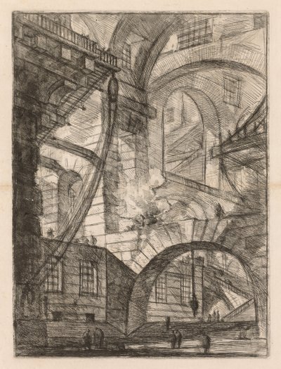 Więzienia: perspektywa łuków z dymiącym ogniem, 1745-1750. autorstwa Giovanni Battista Piranesi