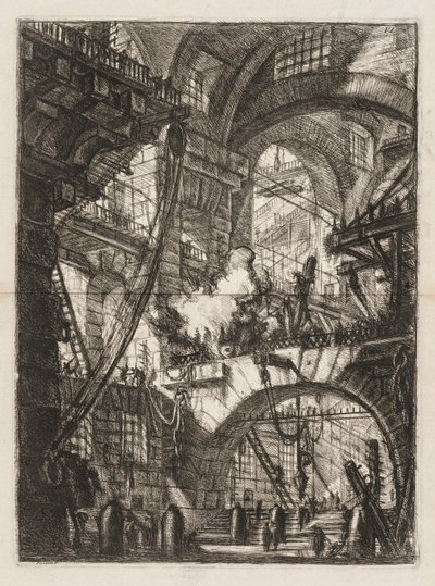 Więzienia: perspektywa łuków z dymiącym ogniem w centrum autorstwa Giovanni Battista Piranesi