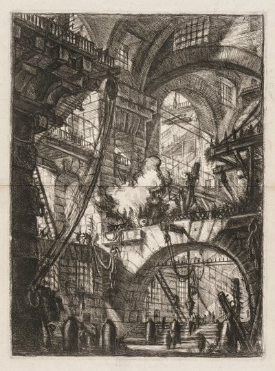 Więzienia: perspektywa łuków z dymiącym ogniem w centrum. autorstwa Giovanni Battista Piranesi