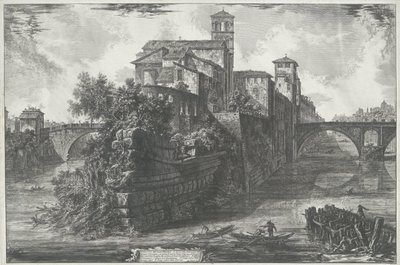 Tibereiland w Rzymie Widok Tybru (tytuł na obiekcie) Gezichten op Rome (tytuł serii) Widoki Rzymu zaprojektowane i wyryte przez architekta Giambattistę Piranesiego Ve (nez) iano (tytuł serii) autorstwa Giovanni Battista Piranesi