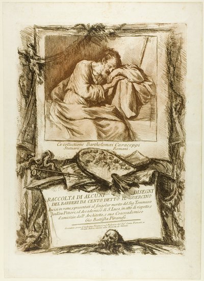 Strona tytułowa: Zbiór kilku rysunków wygrawerowanych na podstawie Barbieri da Cento (znanego jako Guercino) wyrytych na miedzi i przedstawionych Thomasowi Jenkinsowi, malarzowi i członkowi Akademii św. autorstwa Giovanni Battista Piranesi