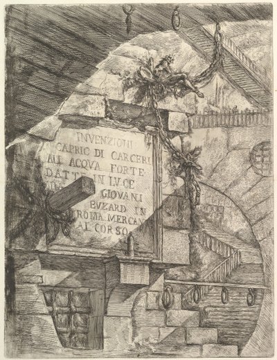 Strona tytułowa, z wyimaginowanych więzień Carceri dinvenzione, ca. 1749-50. autorstwa Giovanni Battista Piranesi