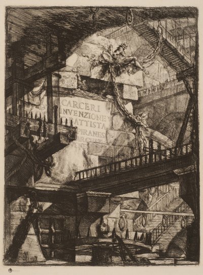 Tabliczka tytułowa, tabliczka I z wyimaginowanych więzień, ok. 1750 (akwaforta na papierze) autorstwa Giovanni Battista Piranesi