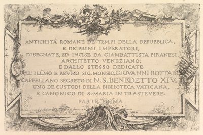 Strona tytułowa: Starożytność rzymska czasów Rzeczypospolitej i pierwszych cesarzy Antich..., ca. 1748. autorstwa Giovanni Battista Piranesi