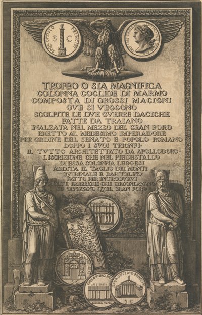 Strona tytułowa z orłem, moneta przedstawiająca wizerunek Kolumny Trajana, rzeźby klasycystyczne, 1774-79. autorstwa Giovanni Battista Piranesi