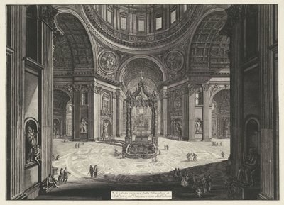 Transept van de Sint-Pietersbasiliek te Vaticaanstad Widok wnętrza Bazyliki Świętego Piotra w Watykanie w pobliżu Tribuna (tytuł na obiekcie) Gezichten op Rome (tytuł serii) Widoki Rzymu zaprojektowane i wyryte przez architekta Giambattistę Piranesiego Ve  autorstwa Giovanni Battista Piranesi