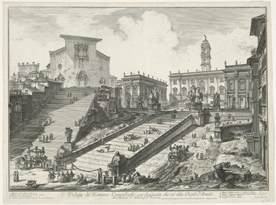 Trappen naar Piazza del Campidoglio en de Santa Maria in Aracoeli te Rome Widok na rzymskie Campidoglio ze schodami prowadzącymi do kościoła Araceli (tytuł na obiekcie) Gezichten op Rome (tytuł serii) Widoki Rzymu zaprojektowane i wyryte przez Giambattistę autorstwa Giovanni Battista Piranesi