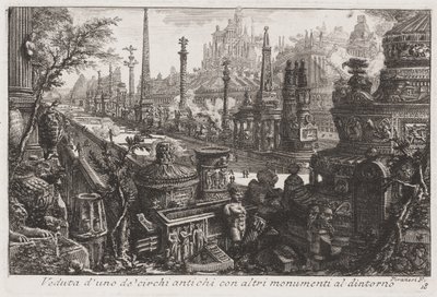 Widok starego cyrku z innymi zabytkami w środku, ok. 1760 (akwaforta) autorstwa Giovanni Battista Piranesi