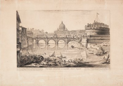 Widok na most i Zamek Świętego Anioła, mauzoleum Hadriana, z łodziami na Tybrze na pierwszym planie i kopułą Bazyliki św. Piotra w tle autorstwa Giovanni Battista Piranesi