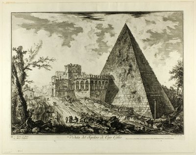 Widok na piramidalny grobowiec Cestiusza, z widoków Rzymu autorstwa Giovanni Battista Piranesi