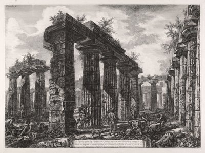 Widok pozostałości pronaosu budowli, którą można uznać za kolegium amfiktionów, z Różnych widoków Paestum autorstwa Giovanni Battista Piranesi