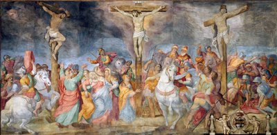 Na krzyżu napis Ukrzyżowanie Inri (INRI). Po bokach przedstawienie dobrego złodzieja (zwanego też św. Dyzmą (lub Dysmas, Dimas, Dumas) i złego złodzieja (Gesmas lub Gestas), dwóch złodziei ukrzyżowanych z Jezusem Chrystusem. Fresk Giovanniego B autorstwa Giovanni Battista Ricci