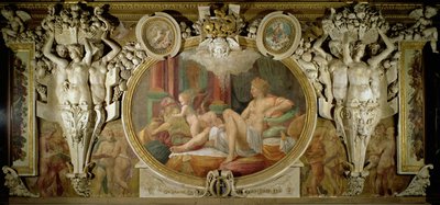 Danae, fragment schematu zdobniczego w Galerii Franciszka I, fresk z lat 1530-40 autorstwa Giovanni Battista Rosso Fiorentino