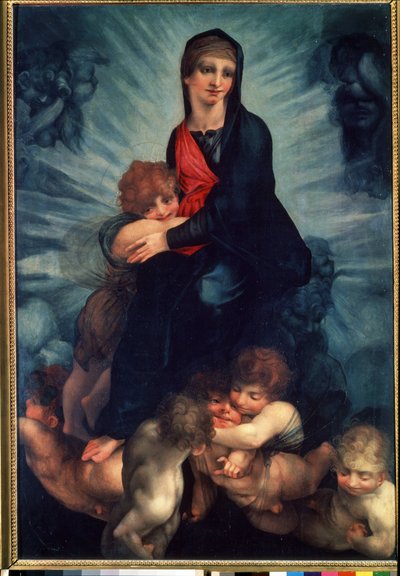 Dziewica i Dzieciątko z aniołami (Dziewica i Dzieciątko z aniołami). Obraz Fiorentino Rosso (1495-1540). olej na płótnie autorstwa Giovanni Battista Rosso Fiorentino