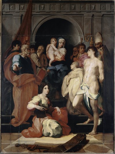 Madonna na tronie ma dziecko i świętych (olej na płótnie) autorstwa Giovanni Battista Rosso Fiorentino