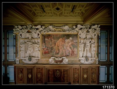 Splądrowanie Troi lub Katanii, szczegół schematu dekoracyjnego w Galerii Franciszka I (1494-1547) 1535-40 (fresk i sztukaterie) autorstwa Giovanni Battista Rosso Fiorentino