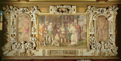 Zjednoczenie Państwa, detal schematu zdobniczego w Galerii Franciszka I, 1530-40 fresk i sztukaterie autorstwa Giovanni Battista Rosso Fiorentino