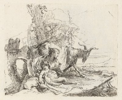 Nimfa z małym satyrem i dwiema kozami, z Vari capricci (Różne Capriccios) autorstwa Giovanni Battista Tiepolo