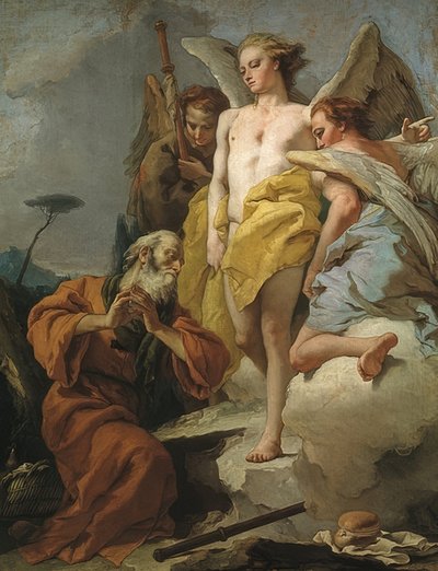 Wizyta trzech aniołów u Abrahama. Około 1770 autorstwa Giovanni Battista Tiepolo