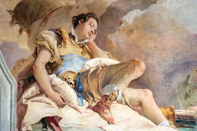 Fragment Rinalda z obrazu Armida porywająca śpiącego Rinalda, z Sali Jerozolimskiej w Palazzinie, 1757 r. autorstwa Giovanni Battista Tiepolo