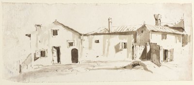 Budynki gospodarcze z otwartymi drzwiami, mostem i bramą autorstwa Giovanni Battista Tiepolo