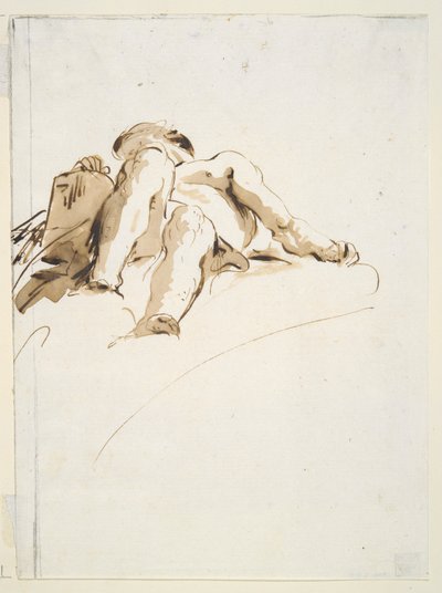 Leżący akt męski z prawą ręką spoczywającą na kamiennej tablicy, widziany od dołu autorstwa Giovanni Battista Tiepolo