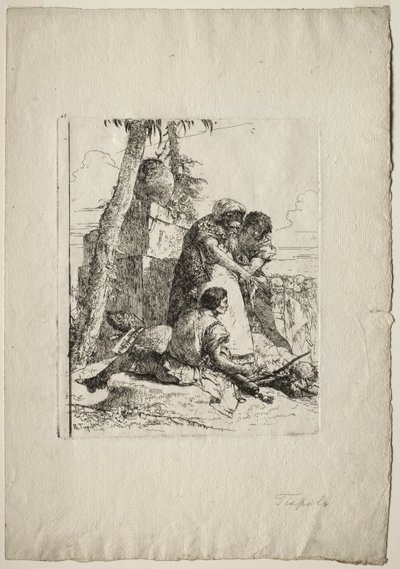 Scherzi di Fantasia: Magik wskazujący płonącą głowę dwóm młodzieńcom autorstwa Giovanni Battista Tiepolo