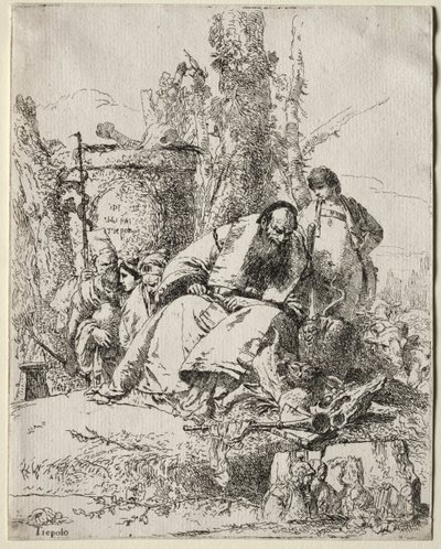 Scherzi di Fantasia: siedzący Mag, chłopiec i cztery postacie autorstwa Giovanni Battista Tiepolo
