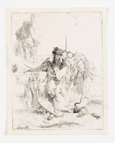 Sześć osób patrzących na węża. Arkusz z serii Scherzi di fantasia. (Rizzi 15; De Vesme 24) autorstwa Giovanni Battista Tiepolo