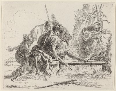 Żołnierz siedzący na grobie z otaczającymi go postaciami autorstwa Giovanni Battista Tiepolo