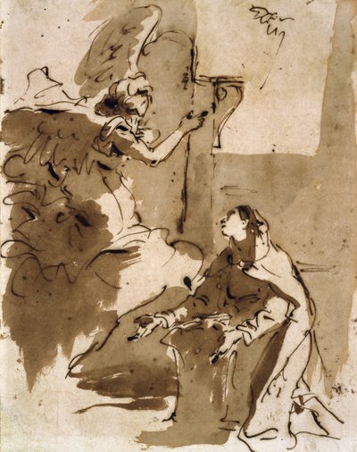Zwiastowanie (pióro i brązowy tusz oraz brązowe pranie na papierze) autorstwa Giovanni Battista Tiepolo