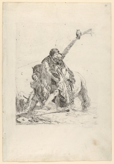 Trzech mężczyzn stojących obok konia, ze Scherzi, ca. 1740. autorstwa Giovanni Battista Tiepolo