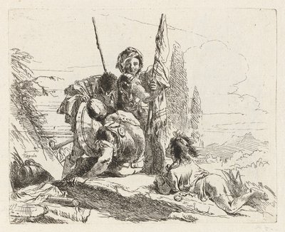 Trzej żołnierze i chłopiec, z Vari capricci (Różne Capriccios) autorstwa Giovanni Battista Tiepolo