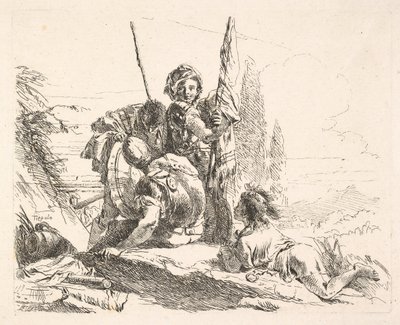 Trzech żołnierzy i młodzieniec leżący na brzuchu w krajobrazie, żołnierze niosą..., ca. 1740-42. autorstwa Giovanni Battista Tiepolo