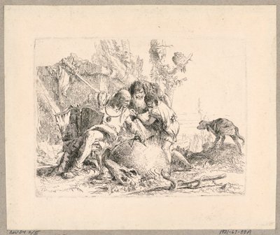 Dwóch filozofów i chłopiec, tablica 22 ze Scherzi di Fantasia autorstwa Giovanni Battista Tiepolo