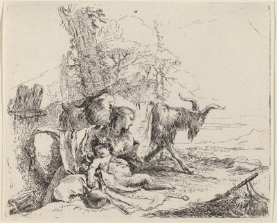 Kobieta, dziecko satyra i koza w krajobrazie autorstwa Giovanni Battista Tiepolo