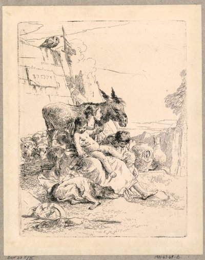 Kobieta z dwójką dzieci i osłem, tablica 21 ze Scherzi di Fantasia autorstwa Giovanni Battista Tiepolo