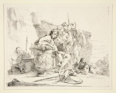 Młody mężczyzna siedzący i oparty na urnie, z serii Vari Capricci autorstwa Giovanni Battista Tiepolo