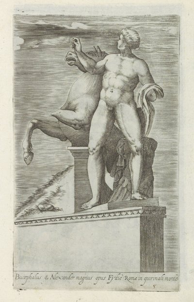 Sculptuur van een van de Dioscuren op het Quirinaal te Rome Bucefał i Aleksander wielkie dzieło (...) (tytuł na obiekcie) Rzeźby antyczne w Rzymie (tytuł serii) Ikony starożytnych posągów miasta Rzymu, które można zobaczyć w miejscach publicznych (tytuł se autorstwa Giovanni Battista de