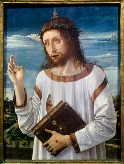 Christ Benching Obraz autorstwa Giovanniego Belliniego dit il Giambellino (1430-1516) 1460 nd.0,58x0,46 m - Błogosławieństwo Chrystusa. Obraz Giovanniego Belliniego zwany Giambellino (1430-1516) 1460. 0,58 x 0,46 m. Luwr, Paryż autorstwa Giovanni Bellini