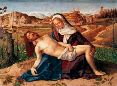 Chrystus umarł w ramionach Dziewicy Piety. Obraz Giovanniego Belliniego dit il Giambellino (1432 ok.-1516) 1505 Wymiary 65x90 cm. Wenecja, Galerie Akademii autorstwa Giovanni Bellini
