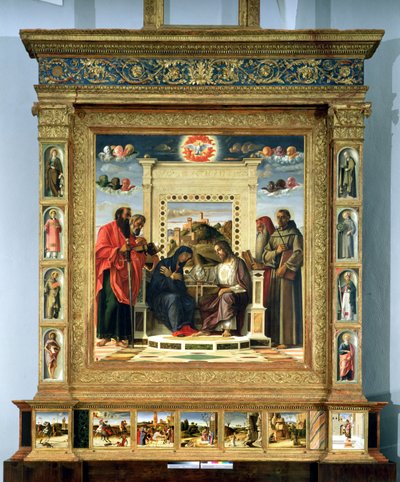 Koronacja Matki Boskiej Św. Paweł, Piotr, Hieronim i Franciszek z Asyżu ze scenami z życia świętych w panelu predella, znanym jako ołtarz Pala di Pesaro, c.1474 (olej na panelu autorstwa Giovanni Bellini