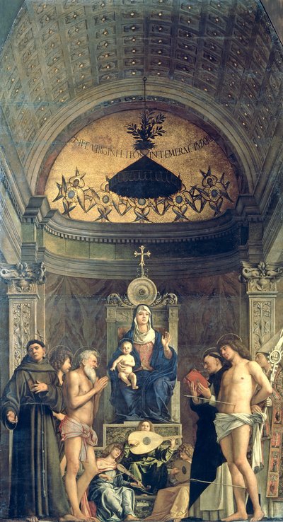 Madonna z Dzieciątkiem na tronie między SS. Franciszek, Jan Chrzciciel, Hiob, Dominik, Sebastian i Ludwik (Ołtarz San Giobbe) ok. 1487 (szczegóły patrz 61101 i 276359) autorstwa Giovanni Bellini